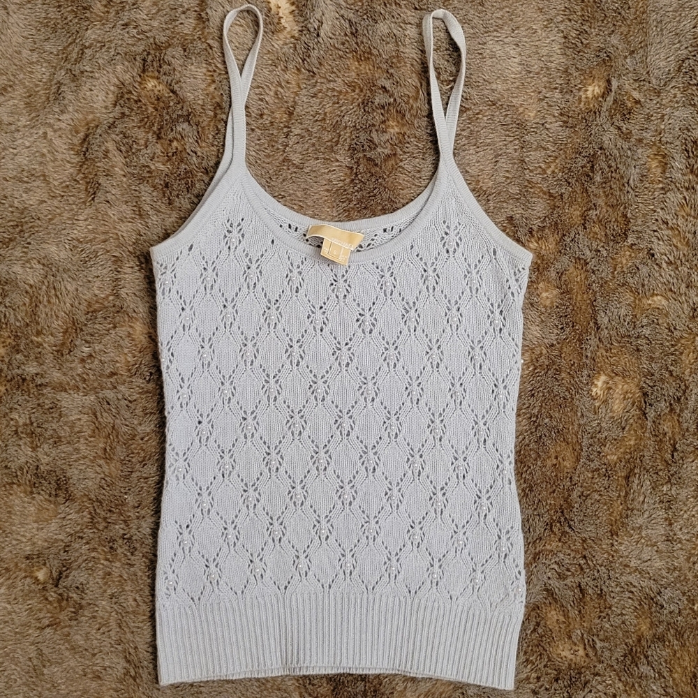 Michael Kors all cashmere intricate spaghetti strap top covered in pearls